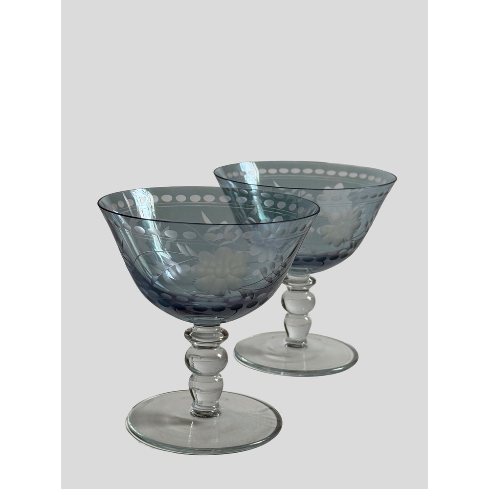 Vintage Royal Dunabe Blue Etched Glass Champagne Coupe Glasses Floral Set of